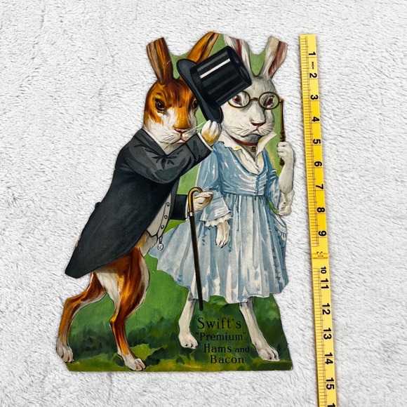 1920s Swift's‎ Premium Hams Vintage Advertising Sign 14.5" Cardboard Rabbits Hat - Picture 5 of 14